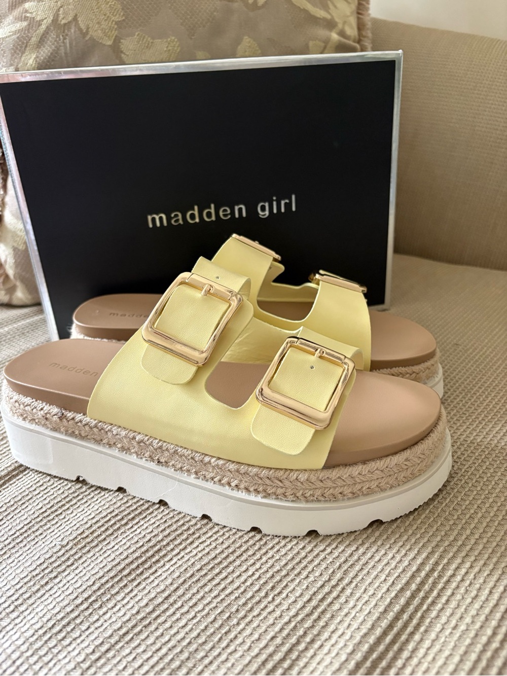 Madden Girl Pastel Yellow Double-Buckle Platform Slide Sandals